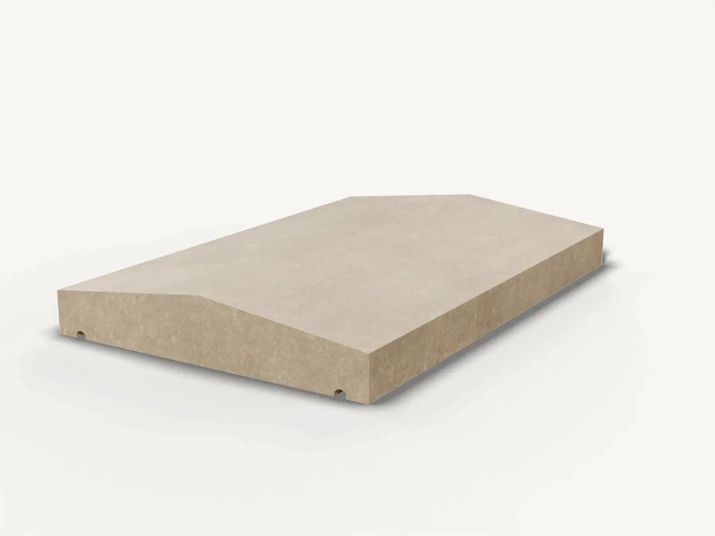Render of a saddleback York stone coping, 600 mm long and 400 mm wide, sloping both ways from a central ridge, with a drip groove under each edge